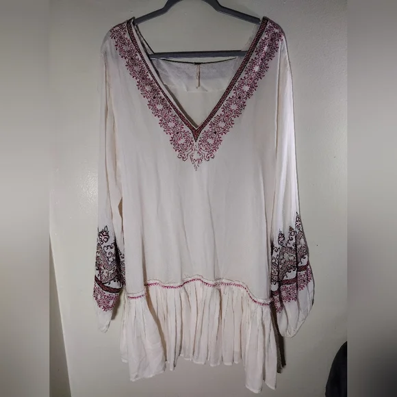 Free People Wild One Embroidered Balloon Sleeves Oversized Mini Dress Size M - Picture 4 of 10